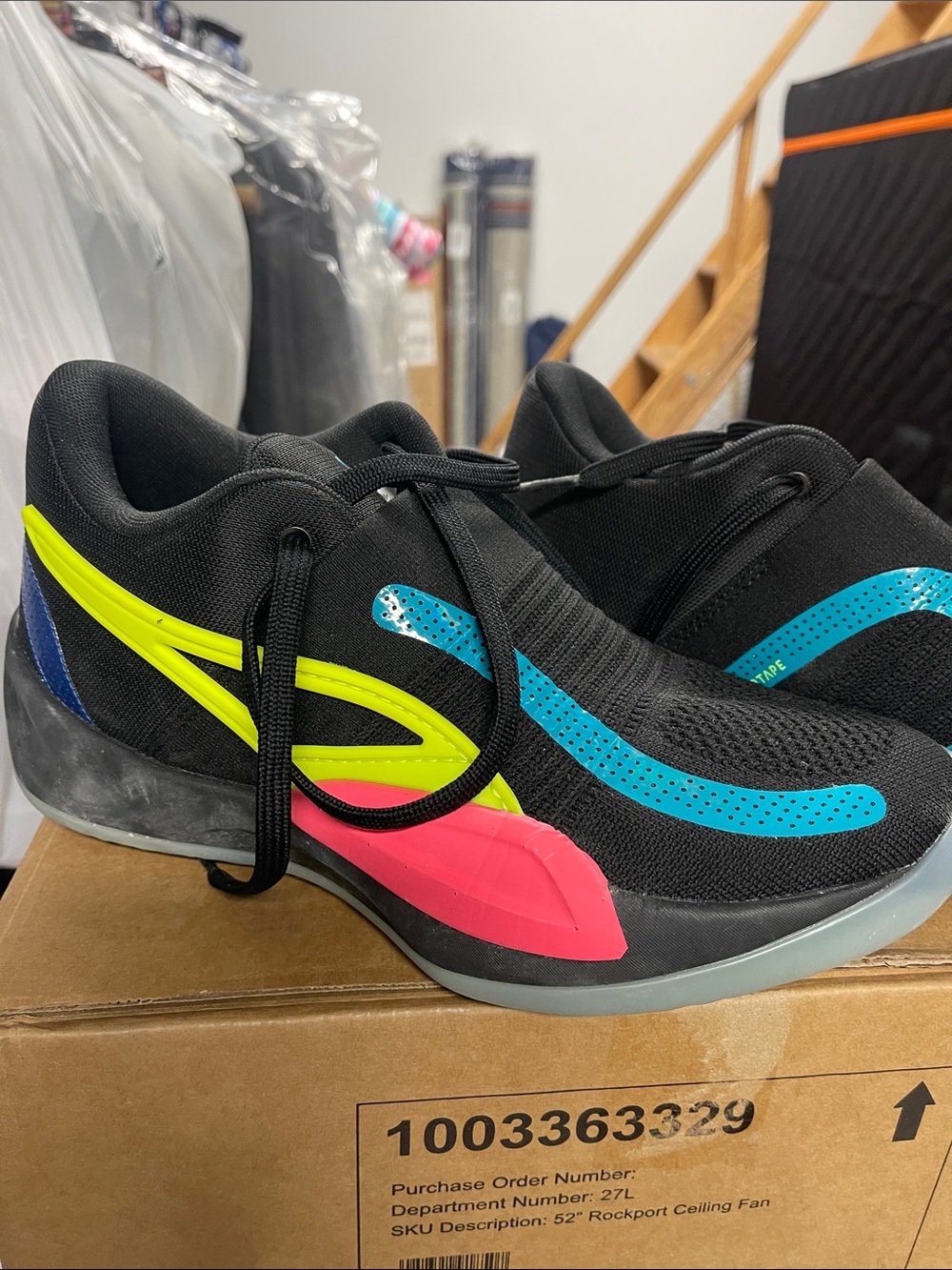 Black Puma Athletic Sneakers with Neon Yellow, Cyan & Pink Accents